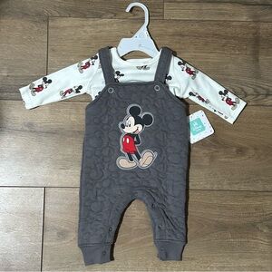 Disney Gray and Cream Mickey Mouse Baby Overalls Outfit